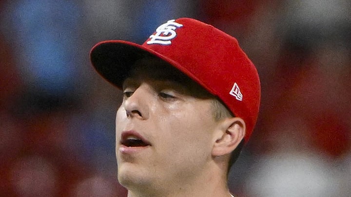 St. Louis Cardinals relief pitcher Ryan Helsley (56) celebrates after the Cardinals defeated the San Diego Padres at Busch Stadium on July 24. 