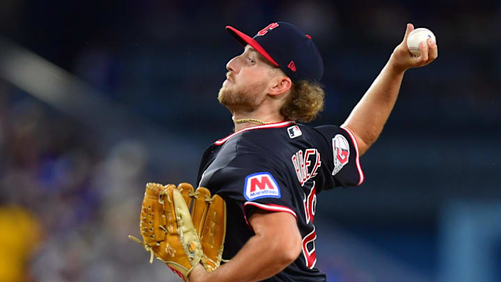 Mar 31, 2026; Los Angeles, California, USA;  Cleveland Guardians pitcher Tanner Bibee (28) throws to the plate during the first inning against the Los Angeles Dodgers at Dodger Stadium. Mandatory Credit: Gary A. Vasquez-Imagn Images