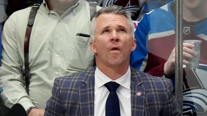 Mar 26, 2024; Denver, Colorado, USA; Montreal Canadiens head coach Martin St. Louis during the first period against the Colorado Avalanche at Ball Arena. Mandatory Credit: Ron Chenoy-Imagn Images Mar 26, 2024; Denver, Colorado, USA; Montreal Canadiens head coach Martin St. Louis during the first period against the Colorado Avalanche at Ball Arena. Mandatory Credit: Ron Chenoy-Imagn Images
