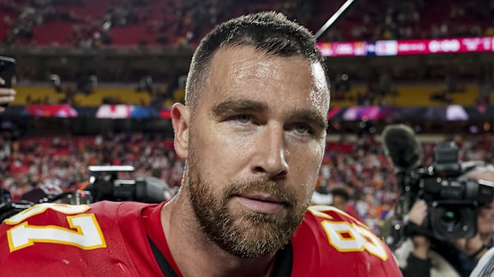 Dec 25, 2025; Kansas City, Missouri, USA; Kansas City Chiefs tight end Travis Kelce (87) after the game at GEHA Field at Arrowhead Stadium. Mandatory Credit: Denny Medley-Imagn Images Dec 25, 2025; Kansas City, Missouri, USA; Kansas City Chiefs tight end Travis Kelce (87) after the game at GEHA Field at Arrowhead Stadium. Mandatory Credit: Denny Medley-Imagn Images