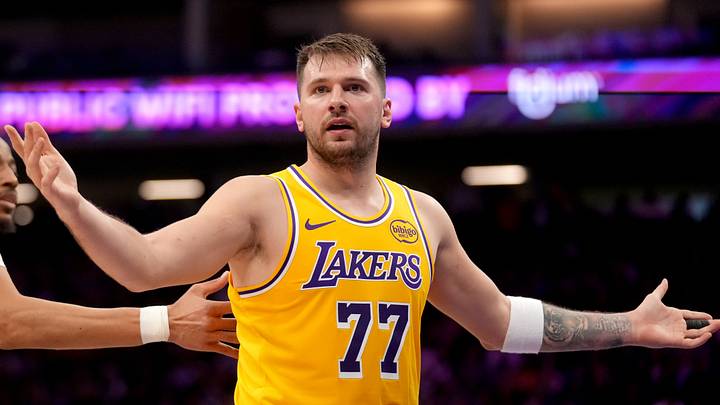 Jan 12, 2026; Sacramento, California, USA; Los Angeles Lakers guard Luka Doncic (77) looks towards an official after scoring a basket against the Sacramento Kings in the second quarter at the Golden 1 Center. Mandatory Credit: Cary Edmondson-Imagn Images
