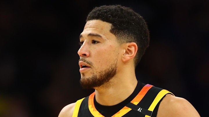 Phoenix Suns guard Devin Booker reacts after a play against the Oklahoma City Thunder.