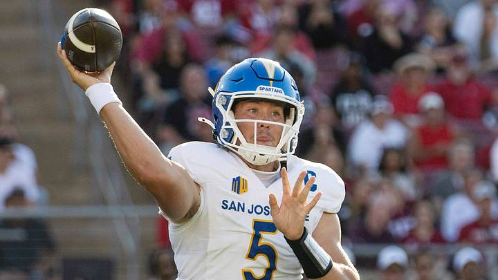 Sep 27, 2025; Stanford, California, USA; San Jose State Spartans quarterback Walker Eget (5) throws the football during the first quarter against the Stanford Cardinal at Stanford Stadium. Mandatory Credit: Stan Szeto-Imagn Images Sep 27, 2025; Stanford, California, USA; San Jose State Spartans quarterback Walker Eget (5) throws the football during the first quarter against the Stanford Cardinal at Stanford Stadium. Mandatory Credit: Stan Szeto-Imagn Images