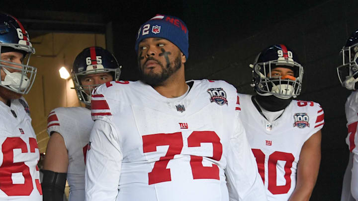 Jan 5, 2025; Philadelphia, Pennsylvania, USA; New York Giants guard Jake Kubas (63) and guard Jermaine Eluemunor (72) in the tunnel against the Philadelphia Eagles at Lincoln Financial Field. Mandatory Credit: Eric Hartline-Imagn Images Jan 5, 2025; Philadelphia, Pennsylvania, USA; New York Giants guard Jake Kubas (63) and guard Jermaine Eluemunor (72) in the tunnel against the Philadelphia Eagles at Lincoln Financial Field. Mandatory Credit: Eric Hartline-Imagn Images