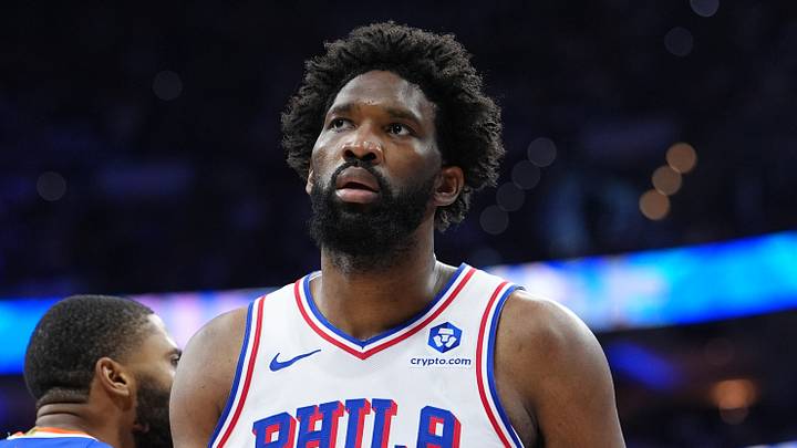 Philadelphia, Pennsylvania, USA; Philadelphia 76ers center Joel Embiid (21) reacts against the New York Knicks in the first quarter during game four of the second round of the 2026 NBA Playoffs at Xfinity Mobile Arena on May 10, 2026.