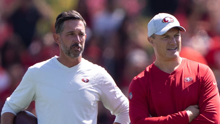San Francisco 49ers head coach Kyle Shanahan (left) and general manager John Lynch (right)