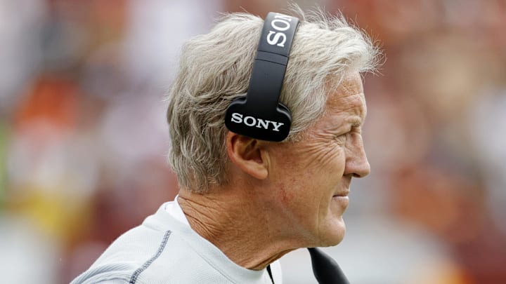Sep 21, 2025; Landover, Maryland, USA; The Las Vegas Raiders head coach Pete Carroll looks on from the sidelines during the first half against the Washington Commanders at Northwest Stadium. Mandatory Credit: Amber Searls-Imagn Images