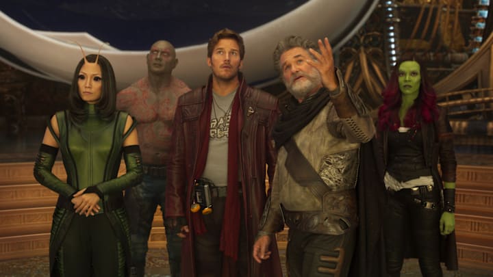 Guardians Of The Galaxy Vol. 2..L to R: Mantis (Pom Klementieff), Drax (Dave Bautista), Star-Lord/Peter Quill (Chris Pratt), Ego (Kurt Russell) and Gamora (Zoe Saldana)..Ph: Film Frame..©Marvel Studios 2017