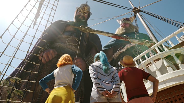 (L to R) Werner Coetser as Dory, Brendan Murrary as Brogy, Emily Rudd as Nami, Charithra Chandran as Miss Wednesday, Iñaki Godoy as Monkey D. Luffy in season 2 of One Piece