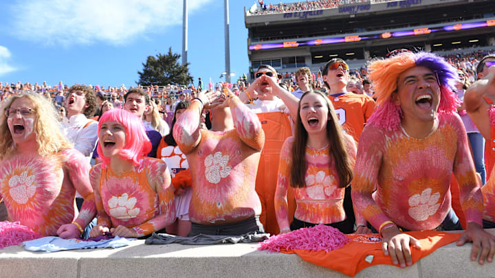 Oct 19, 2024; Clemson, South Carolina, USA; Clemson Tigers fans react at the end of the game against the Virginia Cavaliers at Memorial Stadium. Mandatory Credit: Alexander Hicks-Imagn Images