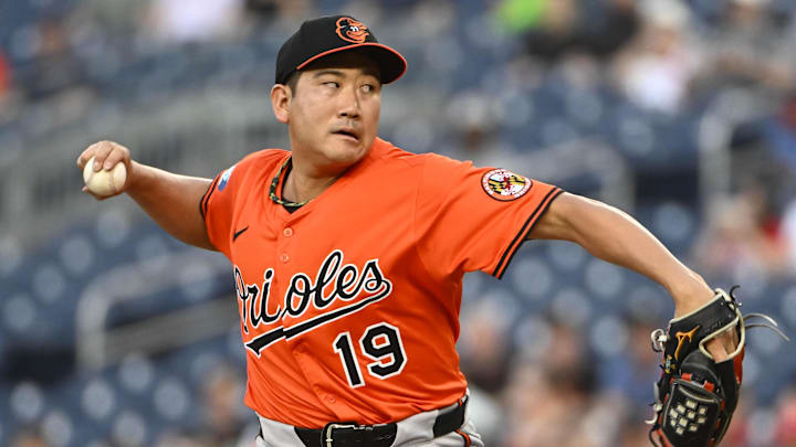 Apr 23, 2025; Washington, District of Columbia, USA; Baltimore Orioles pitcher Tomoyuki Sugano (19) throws to the Washington Nationals during the second inning at Nationals Park. 