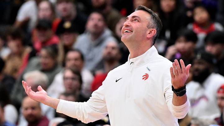 Dec 29, 2024; Toronto, Ontario, CAN; Toronto Raptors head coach Darko Rajakovic reacts to a foul call in the second half against the Atlanta Hawks at Scotiabank Arena. Mandatory Credit: Dan Hamilton-Imagn Images Dec 29, 2024; Toronto, Ontario, CAN; Toronto Raptors head coach Darko Rajakovic reacts to a foul call in the second half against the Atlanta Hawks at Scotiabank Arena. Mandatory Credit: Dan Hamilton-Imagn Images
