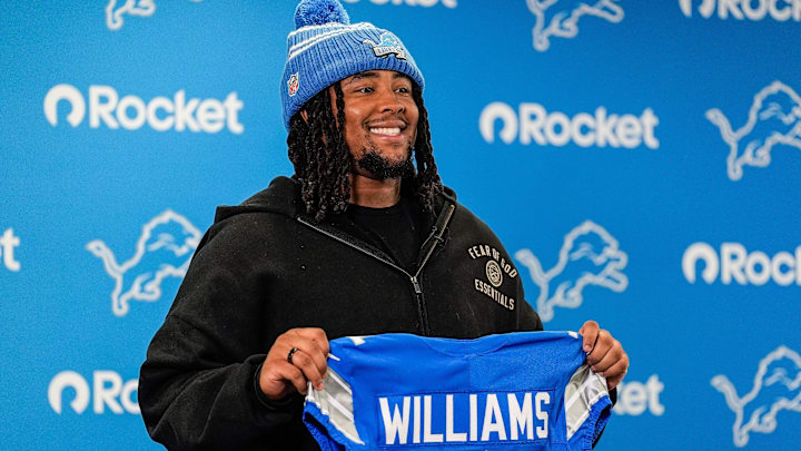 Detroit Lions first round draft selection Tyleik Williams speaks during the introduction press conference at Allen Park 