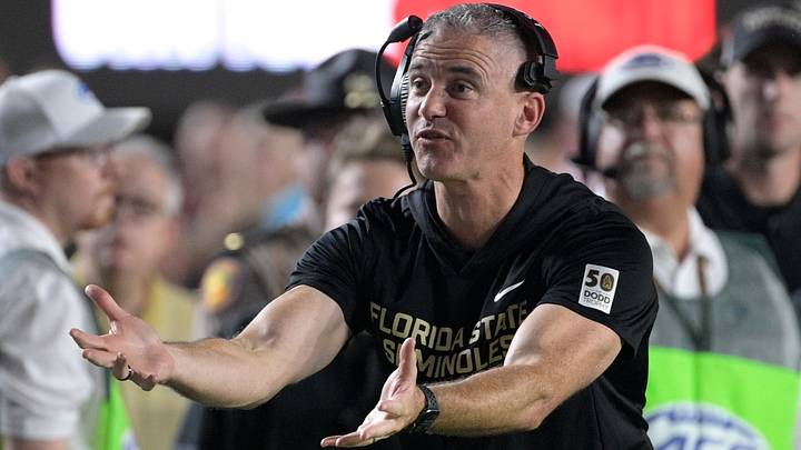 Oct 4, 2025; Tallahassee, Florida, USA; Florida State Seminoles head coach Mike Norvell during the first half against the Miami Hurricanes at Doak S. Campbell Stadium. Mandatory Credit: Melina Myers-Imagn Images