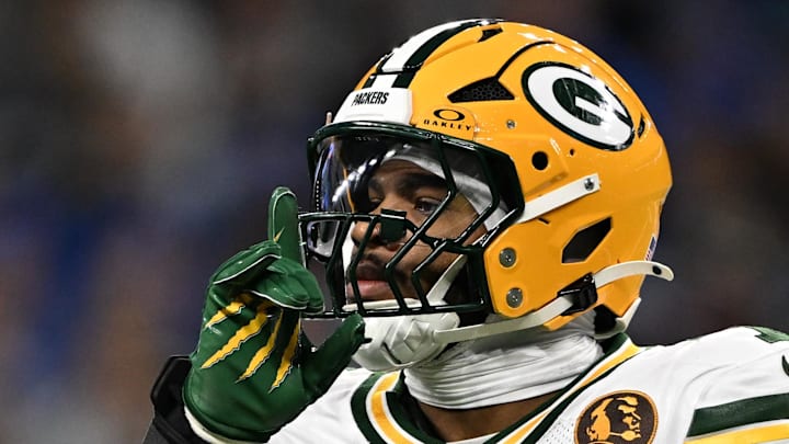 Green Bay Packers defensive end Micah Parsons (1) celebrates after a play against the Detroit Lions.