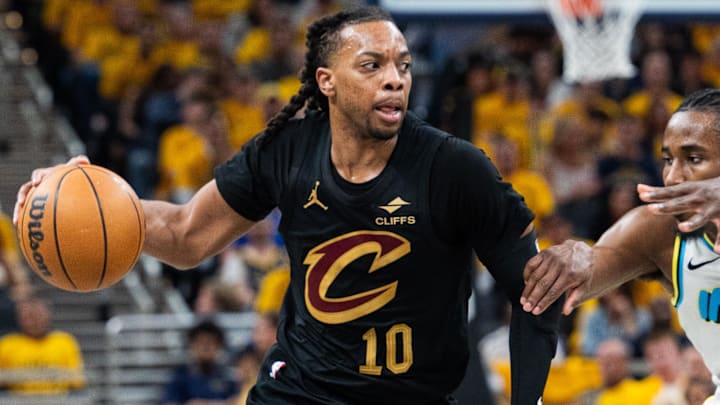 May 9, 2025; Indianapolis, Indiana, USA; Cleveland Cavaliers guard Darius Garland (10) dribbles the ball while Indiana Pacers forward Aaron Nesmith (23) defends during game three of the second round for the 2025 NBA Playoffs at Gainbridge Fieldhouse. Mandatory Credit: Trevor Ruszkowski-Imagn Images May 9, 2025; Indianapolis, Indiana, USA; Cleveland Cavaliers guard Darius Garland (10) dribbles the ball while Indiana Pacers forward Aaron Nesmith (23) defends during game three of the second round for the 2025 NBA Playoffs at Gainbridge Fieldhouse. Mandatory Credit: Trevor Ruszkowski-Imagn Images
