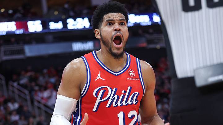 Dec 29, 2023; Houston, Texas, USA; Philadelphia 76ers forward Tobias Harris (12) reacts after a call during the second quarter against the Houston Rockets at Toyota Center. Mandatory Credit: Troy Taormina-USA TODAY Sports
