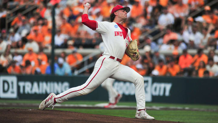 Indiana's Connor Foley (14) pitches during an NCAA Baseball Tournament Knoxville Regional game at Lindsey Nelson Stadium on Saturday, June 1, 2024 in Knoxville, Tenn.