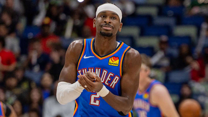 Nov 17, 2025; New Orleans, Louisiana, USA;  Oklahoma City Thunder guard Shai Gilgeous-Alexander (2) reacts after a play against the New Orleans Pelicans during the second half at Smoothie King Center. Mandatory Credit: Stephen Lew-Imagn Images