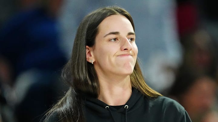 Sep 30, 2025; Las Vegas, Nevada, USA; Indiana Fever guard Caitlin Clark (22) reacts from the bench after a play made by the Las Vegas Aces during the fourth quarter of game five of the second round for the 2025 WNBA Playoffs at Michelob Ultra Arena. Mandatory Credit: Stephen R. Sylvanie-Imagn Images
