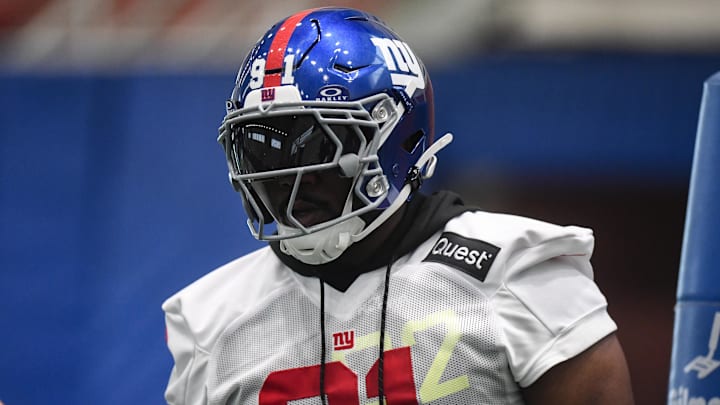 May 9, 2025; East Rutherford, NJ, USA; New York Giants defensive tackle Darius Alexander (91) participates in a drill during rookie minicamp at Quest Diagnostics Training Center. Mandatory Credit: John Jones-Imagn Images