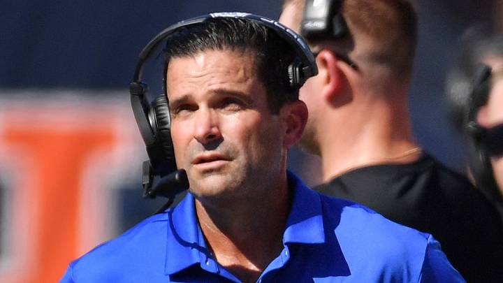 Sep 12, 2026; Champaign, Illinois, USA;  Duke Blue Devils head coach Manny Diaz, left, on the sidelines against the Illinois Fighting Illini during the first half at Gies Memorial Stadium.  Mandatory Credit: Ron Johnson-Imagn Images