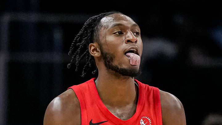 Feb 23, 2024; Atlanta, Georgia, USA; Toronto Raptors guard Immanuel Quickley (5) reacts after making a three point shot against the Atlanta Hawks during the first half at State Farm Arena. Mandatory Credit: Dale Zanine-USA TODAY Sports Feb 23, 2024; Atlanta, Georgia, USA; Toronto Raptors guard Immanuel Quickley (5) reacts after making a three point shot against the Atlanta Hawks during the first half at State Farm Arena. Mandatory Credit: Dale Zanine-USA TODAY Sports