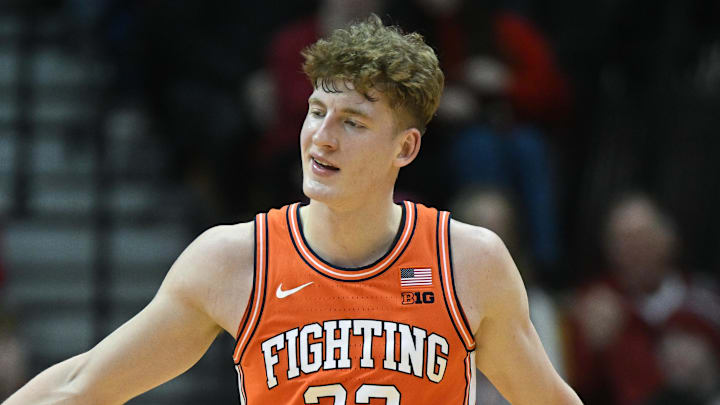 Jan 14, 2025; Bloomington, Indiana, USA; Illinois Fighting Illini guard Kasparas Jakucionis (32) celebrates after a play during the first half against the Indiana Hoosiers at Simon Skjodt Assembly Hall. Mandatory Credit: Robert Goddin-Imagn Images Jan 14, 2025; Bloomington, Indiana, USA; Illinois Fighting Illini guard Kasparas Jakucionis (32) celebrates after a play during the first half against the Indiana Hoosiers at Simon Skjodt Assembly Hall. Mandatory Credit: Robert Goddin-Imagn Images