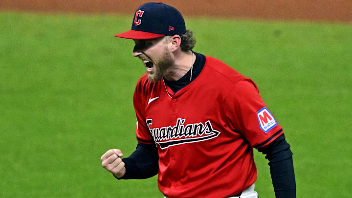 Oct 19, 2024; Cleveland, Ohio, USA; Cleveland Guardians pitcher Tanner Bibee (28) celebrates after a double play during the sixth inning against the New York Yankees during game five of the ALCS for the 2024 MLB playoffs at Progressive Field. Mandatory Credit: David Richard-Imagn Images