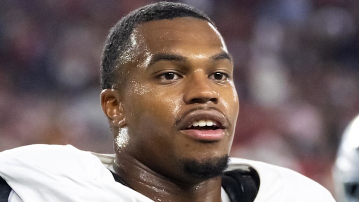 Aug 23, 2025; Glendale, Arizona, USA; Las Vegas Raiders defensive end Tyree Wilson (9) against the Arizona Cardinals during a preseason NFL game at State Farm Stadium. Mandatory Credit: Mark J. Rebilas-Imagn Images