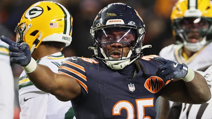Chicago Bears running back Kyle Monangai gestures after a first down against the Packers in Week 16.