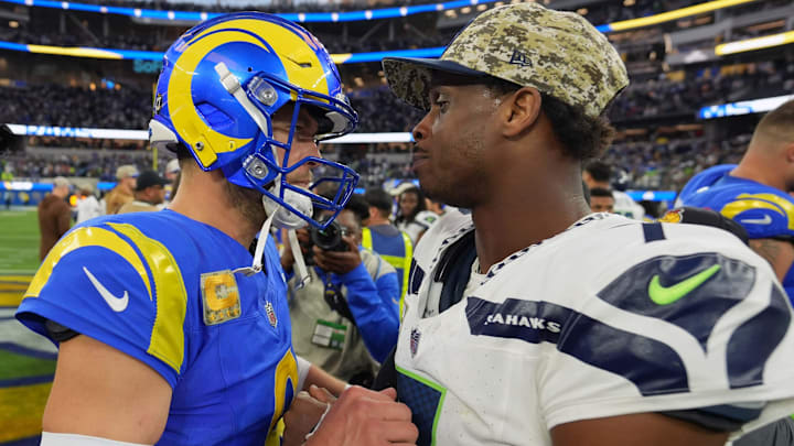 Nov 19, 2023; Inglewood, California, USA; Los Angeles Rams quarterback Matthew Stafford (9) and Seattle Seahawks quarterback Geno Smith (7) shake hands after the game at SoFi Stadium. The Rams defeated the Seahawks 17-16. Mandatory Credit: Kirby Lee-Imagn Images Nov 19, 2023; Inglewood, California, USA; Los Angeles Rams quarterback Matthew Stafford (9) and Seattle Seahawks quarterback Geno Smith (7) shake hands after the game at SoFi Stadium. The Rams defeated the Seahawks 17-16. Mandatory Credit: Kirby Lee-Imagn Images