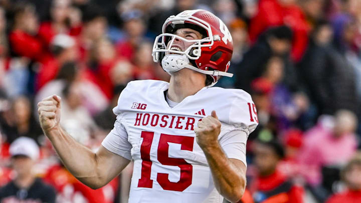 Indiana quarterback Fernando Mendoza celebrates after throwing a touchdown Nov. 1, 2025, against Maryland at SECU Stadium. Indiana quarterback Fernando Mendoza celebrates after throwing a touchdown Nov. 1, 2025, against Maryland at SECU Stadium.