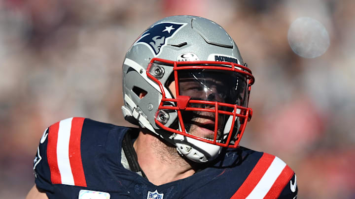 New England Patriots linebacker Robert Spillane runs the ball during the third quarter against the Cleveland Browns.