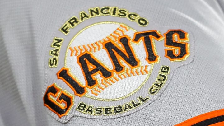 Jul 18, 2023; Cincinnati, Ohio, USA; The San Francisco Giants logo on the sleeve of a player's uniform during the fifth inning against the Cincinnati Reds at Great American Ball Park. 
