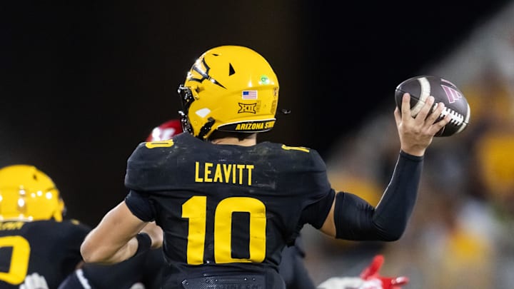 Oct 25, 2025; Tempe, Arizona, USA; Detailed view of the jersey of Arizona State Sun Devils quarterback Sam Leavitt (10) against the Houston Cougars at Mountain America Stadium. Mandatory Credit: Mark J. Rebilas-Imagn Images