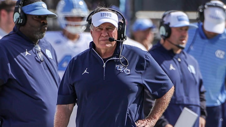 Sep 20, 2025; Orlando, Florida, USA; North Carolina Tar Heels head coach Bill Belichick walks the sideline during the first quarter against the UCF Knights at the Bounce House Stadium. Mandatory Credit: Mike Watters-Imagn Images