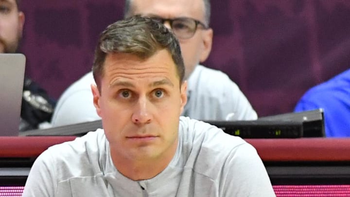 Jan 31, 2026; Blacksburg, Virginia, USA; Duke Blue Devils head coach Jon Scheyer watches his team against the Virginia Tech Hokies during the second half against Virginia Tech Hokies at Cassell Coliseum. Mandatory Credit: Brian Bishop-Imagn Images