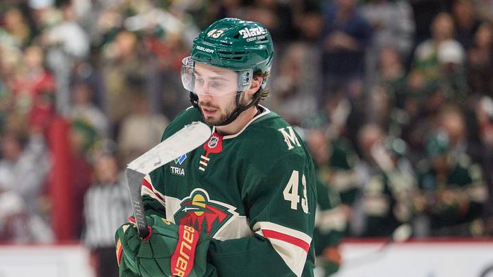 May 9, 2026; Saint Paul, Minnesota, USA; Minnesota Wild defenseman Quinn Hughes (43) skates after scoring against the Colorado Avalanche in the first period of game three of the second round of the 2026 Stanley Cup Playoffs at Grand Casino Arena. Mandatory Credit: Matt Blewett-Imagn Images
