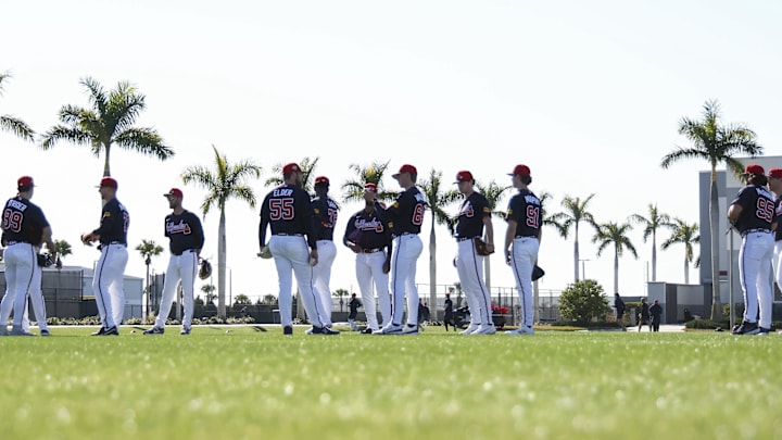 Feb 10, 2026; North Port, FL, USA; Atlanta Braves pitchers and catchers workout during spring training workouts. Mandatory Credit: Kim Klement Neitzel-Imagn Images Feb 10, 2026; North Port, FL, USA; Atlanta Braves pitchers and catchers workout during spring training workouts. Mandatory Credit: Kim Klement Neitzel-Imagn Images
