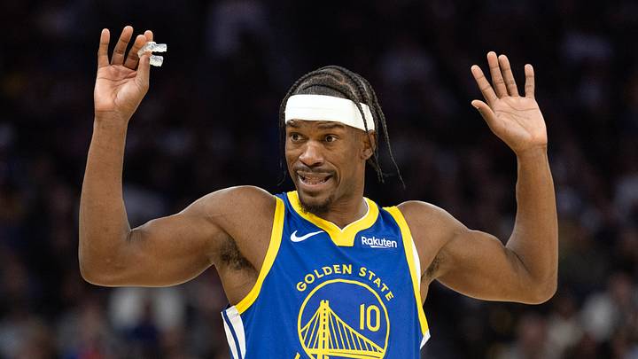 Jan 15, 2026; San Francisco, California, USA; Golden State Warriors forward Jimmy Butler III (10) speaks with referee Jenna Schroeder after a foul call during the third quarter against the New York Knicks at Chase Center. Mandatory Credit: D. Ross Cameron-Imagn Images