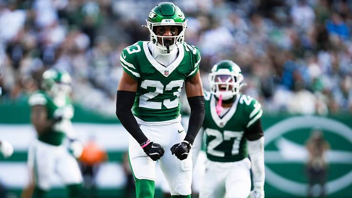 New York Jets cornerback Azareye'h Thomas (23) celebrates during a game against the Carolina Panthers at MetLife Stadium, Oct 19, 2025, East Rutherford, NJ, USA. New York Jets cornerback Azareye'h Thomas (23) celebrates during a game against the Carolina Panthers at MetLife Stadium, Oct 19, 2025, East Rutherford, NJ, USA.