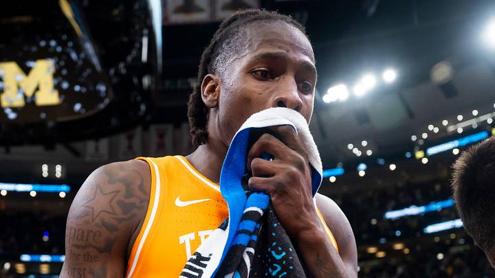 Tennessee forward Felix Okpara (34) walks off the court after a NCAA Tournament Elite 8 game between Tennessee and Michigan at the United Center in Chicago on March 29, 2026. Tennessee forward Felix Okpara (34) walks off the court after a NCAA Tournament Elite 8 game between Tennessee and Michigan at the United Center in Chicago on March 29, 2026.