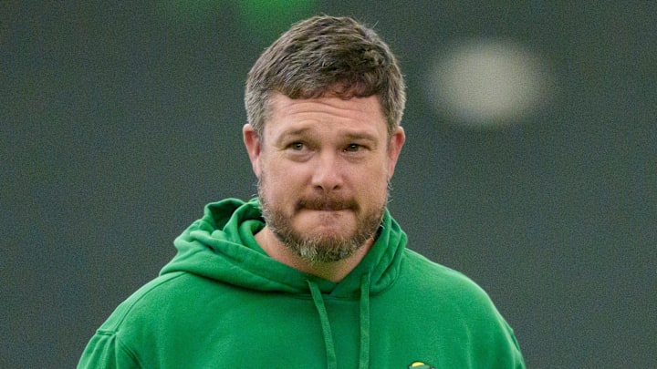 Oregon head coach Dan Lanning attends Oregon Pro Day on March 17, 2026, at the Moshofsky Center in Eugene, Oregon. Oregon head coach Dan Lanning attends Oregon Pro Day on March 17, 2026, at the Moshofsky Center in Eugene, Oregon.