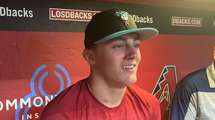 Arizona Diamondbacks first-round draft pick Slade Caldwell speaks to reporters at Chase Field.