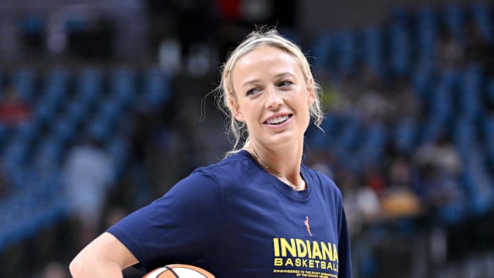 Aug 1, 2025; Dallas, Texas, USA; Indiana Fever guard Sophie Cunningham (8) warms up before the game against the Dallas Wings at the American Airlines Center. Mandatory Credit: Jerome Miron-Imagn Images Aug 1, 2025; Dallas, Texas, USA; Indiana Fever guard Sophie Cunningham (8) warms up before the game against the Dallas Wings at the American Airlines Center. Mandatory Credit: Jerome Miron-Imagn Images