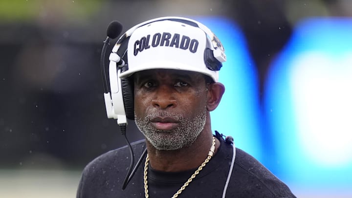 Oct 11, 2025; Boulder, Colorado, USA; Colorado Buffaloes head coach Deion Sanders during the first quarter against the Iowa State Cyclones at Folsom Field. Mandatory Credit: Ron Chenoy-Imagn Images