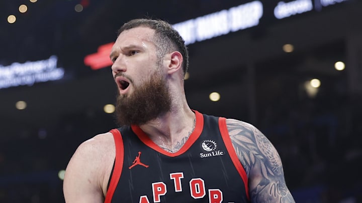 Toronto Raptors forward/center Sandro Mamukelashvili (54) reacts to an officials call during the first quarter against the Oklahoma City Thunder at Paycom Center on Jan 25, 2026.