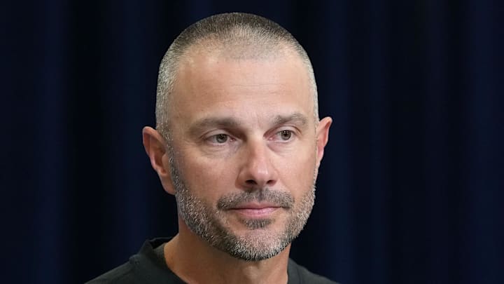 Las Vegas Raiders general manager John Spytek speaks at the NFL Scouting Combine.