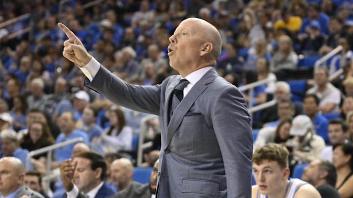 Feb 23, 2025; Los Angeles, California, USA; UCLA Bruins head coach Mick Cronin talks to a referee during the second half against the Ohio State Buckeyes at Pauley Pavilion presented by Wescom. Mandatory Credit: Robert Hanashiro-Imagn Images
